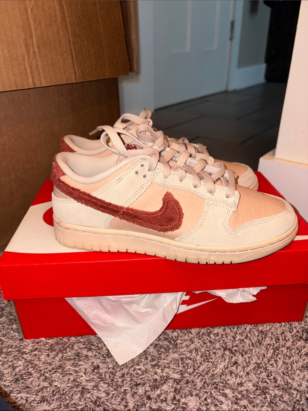Nike Dunk Low Pink Cream with TEDDY Rust Swoosh size 7 WOMEN